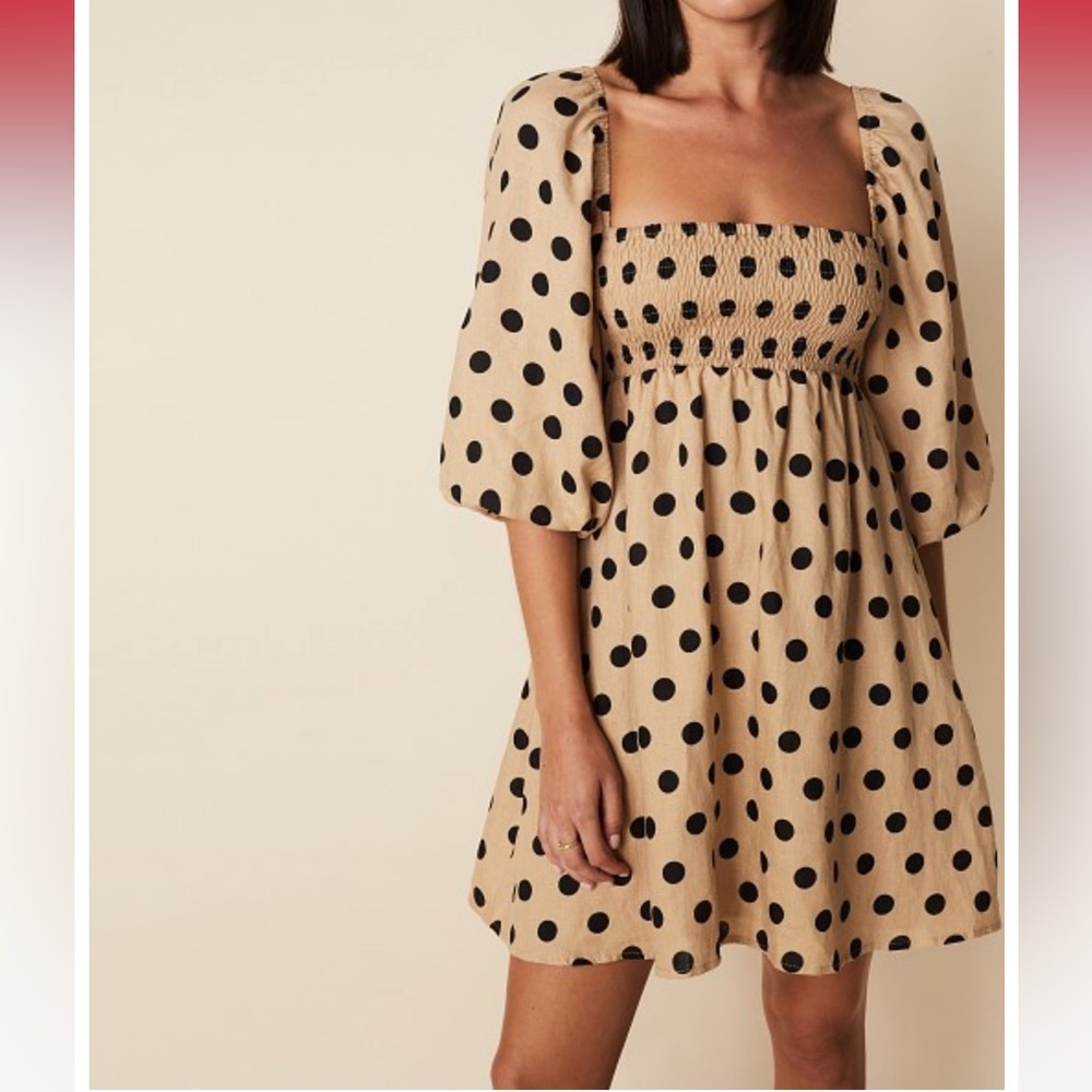 Faithfull the Brand Dallia Biscuit Emelda Dot Puff Sleeve Smocked Linen Dress 12